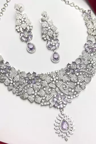 Bridal Necklace Earrings Set, Purple Teardrop Crystal Floral Jewelry