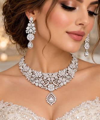 Crystal Floral Bridal Necklace & Earrings Set, Rhinestone Statement Jewelry 1
