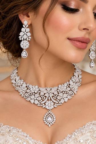Crystal Floral Bridal Necklace & Earrings Set, Rhinestone Statement Jewelry