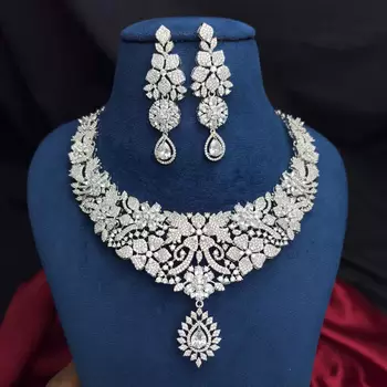 Crystal Floral Bridal Necklace & Earrings Set, Rhinestone Statement Jewelry 2