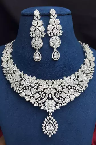 Crystal Floral Bridal Necklace & Earrings Set, Rhinestone Statement Jewelry