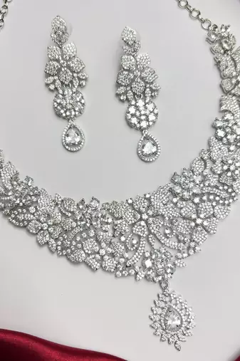 Crystal Floral Bridal Necklace & Earrings Set, Rhinestone Statement Jewelry