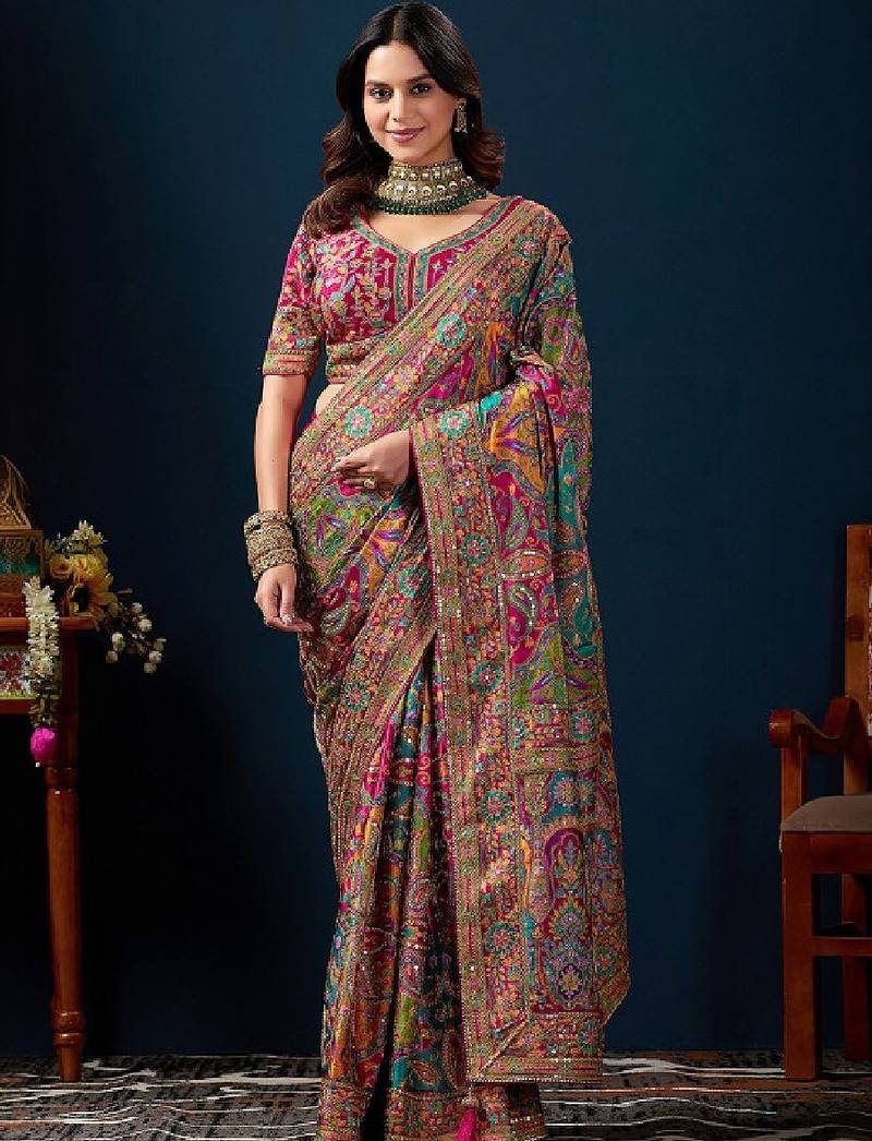 Ethnic motifs sequinned heavy work kanjeevaram saree