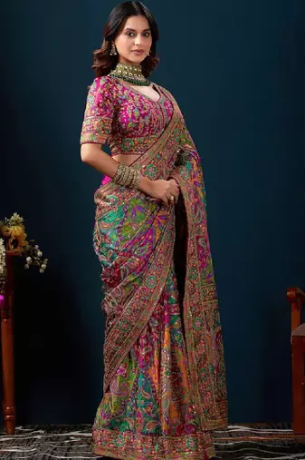 Ethnic motifs sequinned heavy work kanjeevaram saree