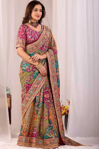 Paisley embroidered heavy work kanjeevaram saree