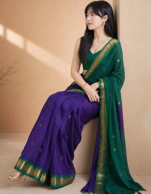 Woven design zari pure cotton fusion kanjeevaram saree 3