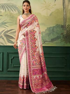 Floral embroidered pashmina handloom kanjeevaram saree 1