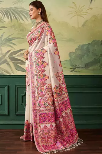 Floral embroidered pashmina handloom kanjeevaram saree