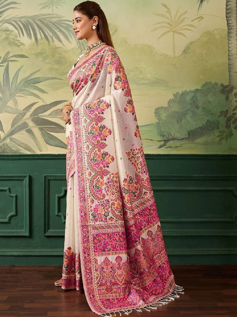 Floral embroidered pashmina handloom kanjeevaram saree