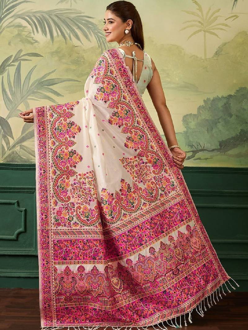 Floral embroidered pashmina handloom kanjeevaram saree