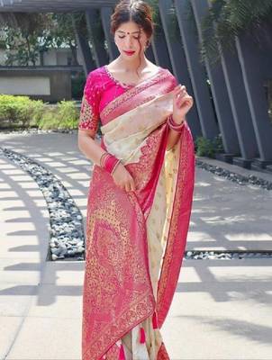 Woven design zari silk blend heavy work kanjeevaram saree 1
