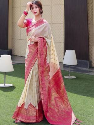 Woven design zari silk blend heavy work kanjeevaram saree 4
