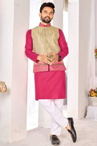 Beige jacket & pink color cotton silk blend solid men's long kurta with white cotton pant set