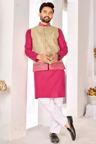 Beige jacket & pink color cotton silk blend solid men's long kurta with white cotton pant set