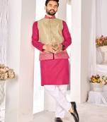 Beige jacket & pink color cotton silk blend solid men's long kurta with white cotton pant set