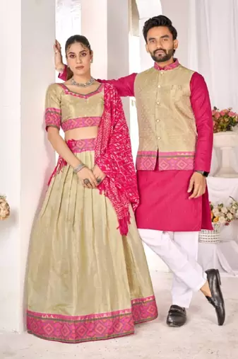 Beige jacket & pink color cotton silk blend solid men's long kurta with white cotton pant set