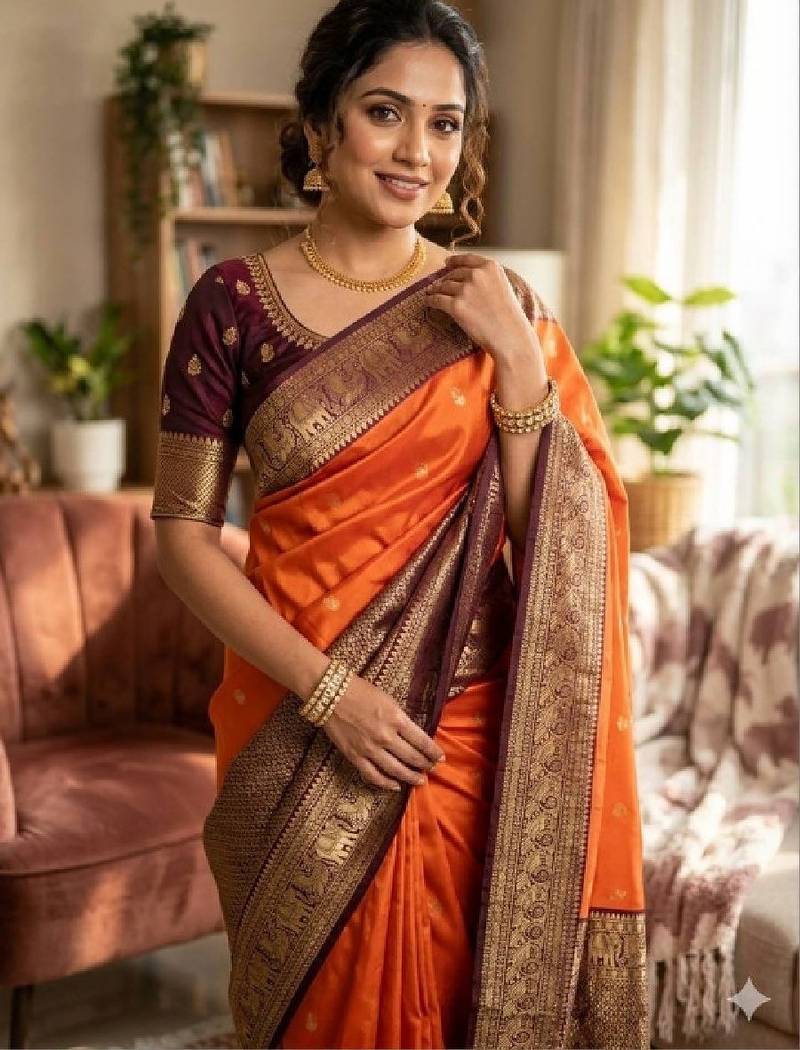 Woven design zari silk blend heavy work kanjeevaram saree