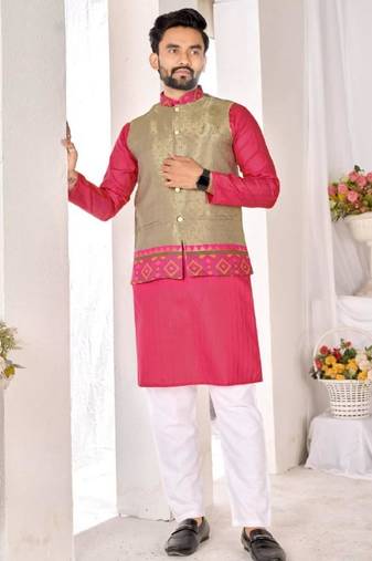 Grey jacket & pink color cotton silk blend solid men's long kurta with white cotton pant set