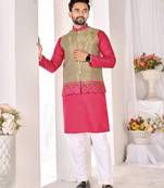 Grey jacket & pink color cotton silk blend solid men's long kurta with white cotton pant set