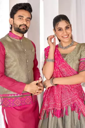 Grey jacket & pink color cotton silk blend solid men's long kurta with white cotton pant set