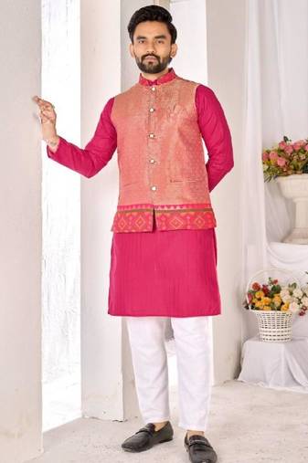 Pink jacket & pink color cotton silk blend solid men's long kurta with white cotton pant set