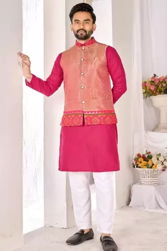 Pink jacket & pink color cotton silk blend solid men's long kurta with white cotton pant set
