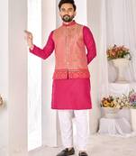 Pink jacket & pink color cotton silk blend solid men's long kurta with white cotton pant set