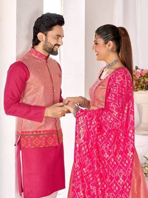Pink jacket & pink color cotton silk blend solid men's long kurta with white cotton pant set 3