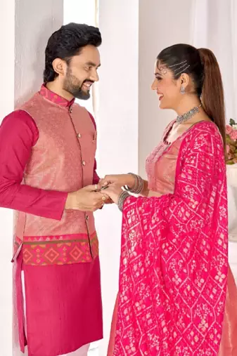 Pink jacket & pink color cotton silk blend solid men's long kurta with white cotton pant set