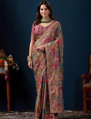Ethnic motifs embroidered designer kanjeevaram saree 1