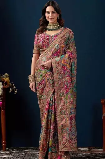 Ethnic motifs embroidered designer kanjeevaram saree