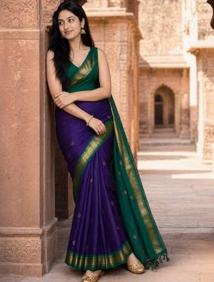Woven design zari pure cotton fusion kanjeevaram saree 1