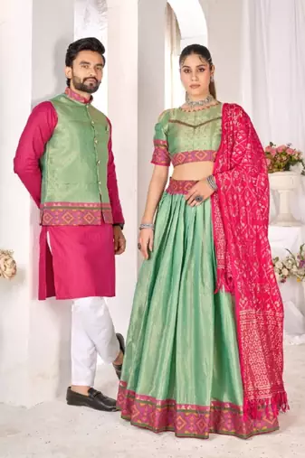 Skyblue jacket & pink color cotton silk blend solid men's long kurta with white cotton pant set