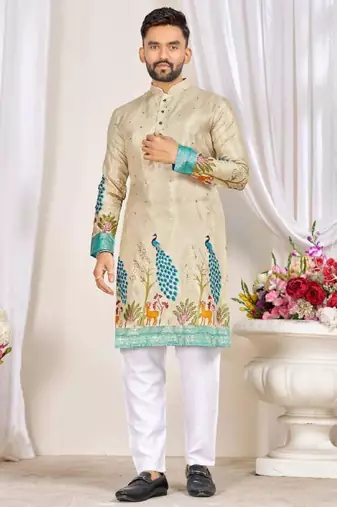 Beige color dola silk printed men's kurta payjama set