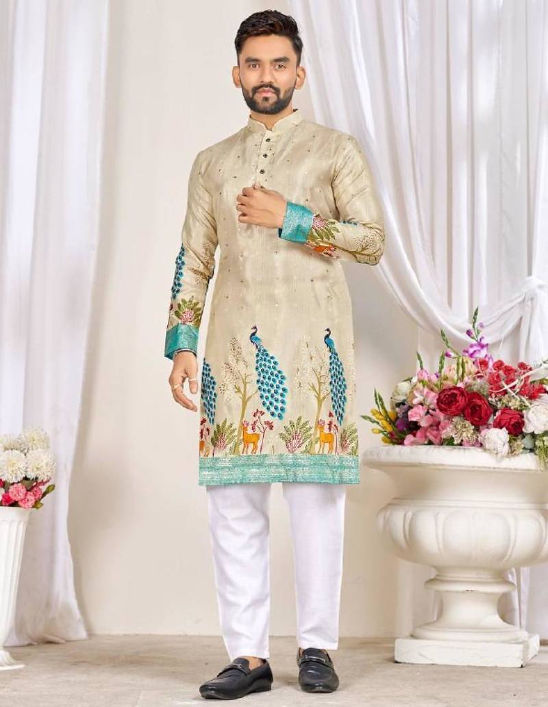 Beige color dola silk printed men's kurta payjama set