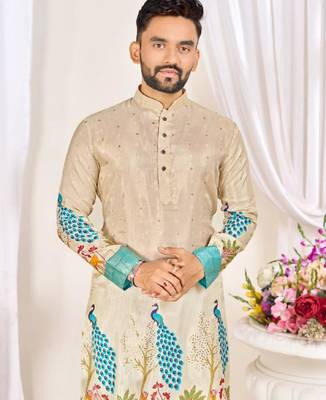 Beige color dola silk printed men's kurta payjama set 2