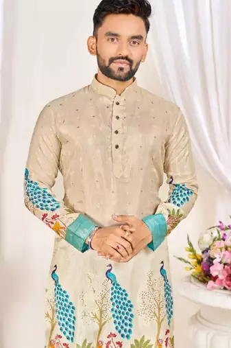 Beige color dola silk printed men's kurta payjama set