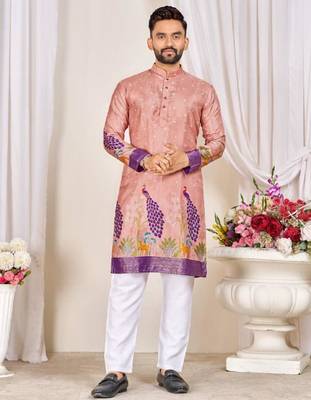 Pink color dola silk printed men's kurta payjama set 1