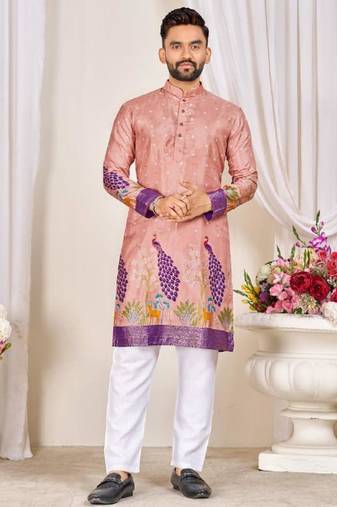Pink color dola silk printed men's kurta payjama set