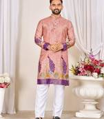 Pink color dola silk printed men's kurta payjama set