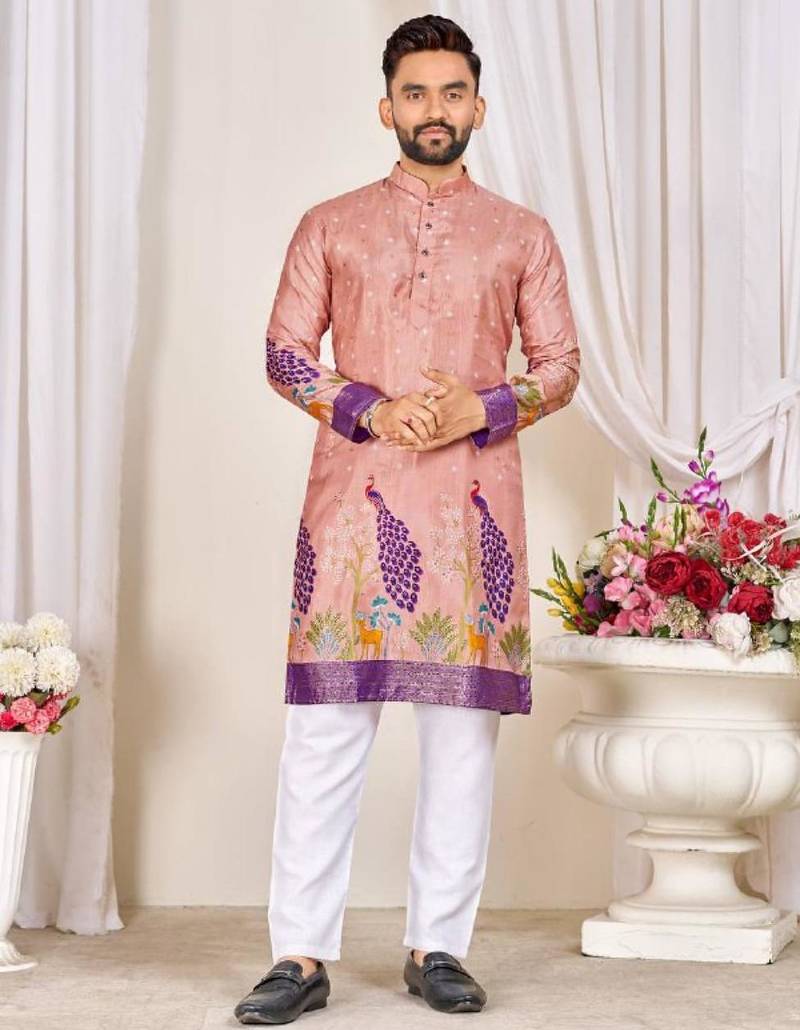 Pink color dola silk printed men's kurta payjama set