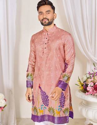 Pink color dola silk printed men's kurta payjama set 2