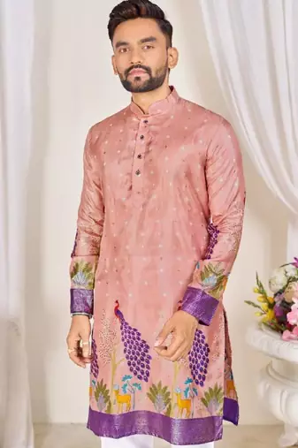 Pink color dola silk printed men's kurta payjama set