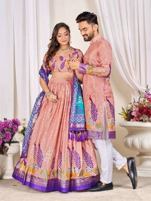 Pink color dola silk printed men's kurta payjama set 3