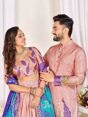 Pink color dola silk printed men's kurta payjama set 4