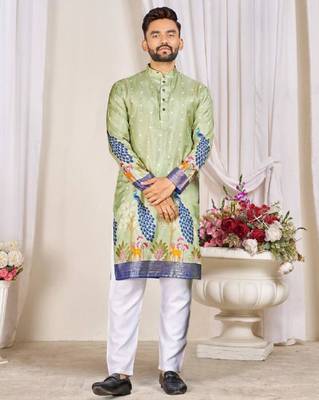 Pista green color dola silk printed men's kurta payjama set 1