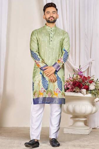 Pista green color dola silk printed men's kurta payjama set