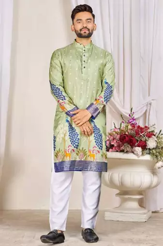 Pista green color dola silk printed men's kurta payjama set