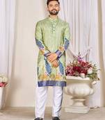 Pista green color dola silk printed men's kurta payjama set