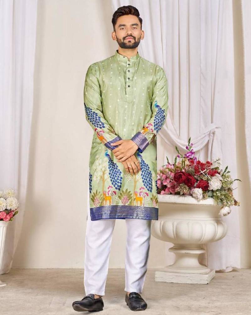 Pista green color dola silk printed men's kurta payjama set